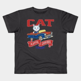 Humor funny white kitty cat driving a vintage classic car to a retro parade with red white and blue flags Kids T-Shirt